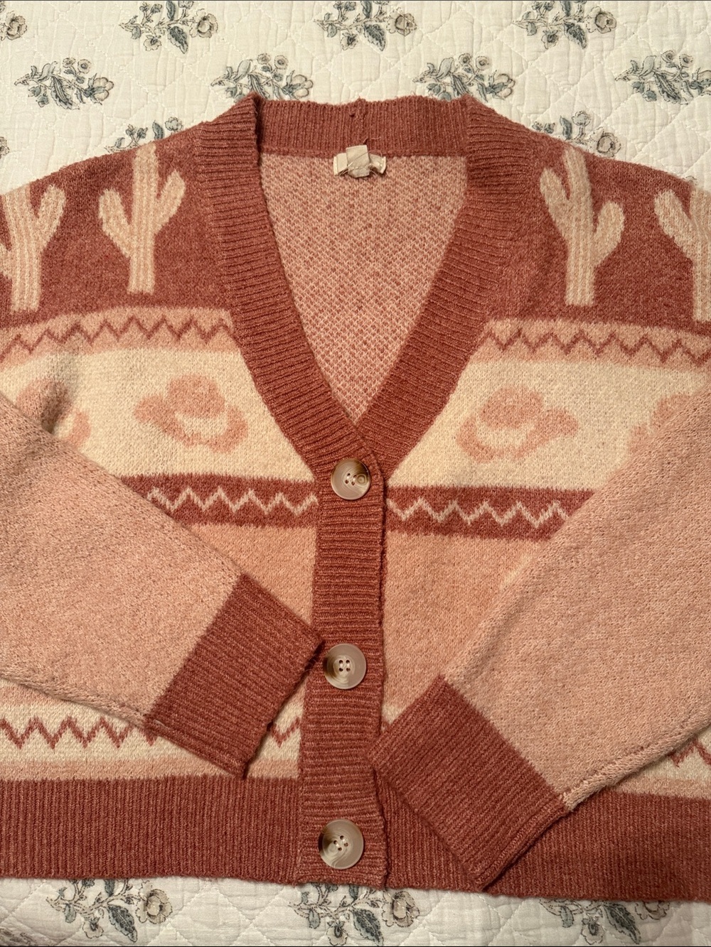 Desert Motif V-Neck Cardigan in Rose and Cream